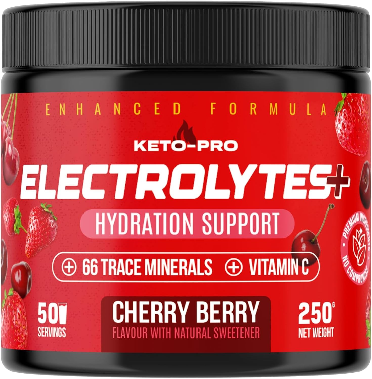 Keto Electrolytes Powder 250g - 50 Servings, Cherry Berry with 66 Trace