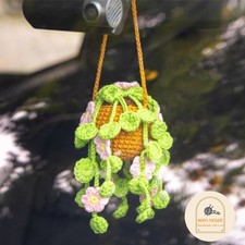 Crochet Daisy Car Charm, Handmade Mirror Hanging Plant Accessory, Cute Decor