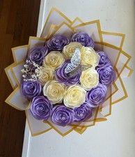 Eternal Rose Bouquet 18ct Ribbon Roses Lavender & Light Ivory  Handmade