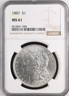 1887-P  $1  MORGAN SILVER DOLLAR NGC MS61, Beautiful Coin!