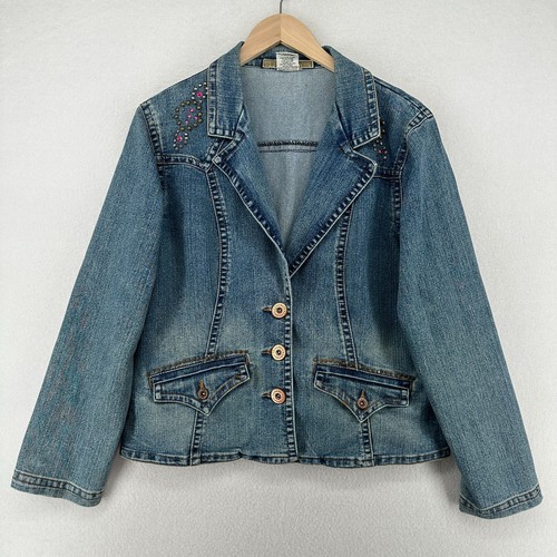 Z CAVARICCI Blazer Womens PL Petite Jacket Denim Studded Blue Y2k 80s VTG