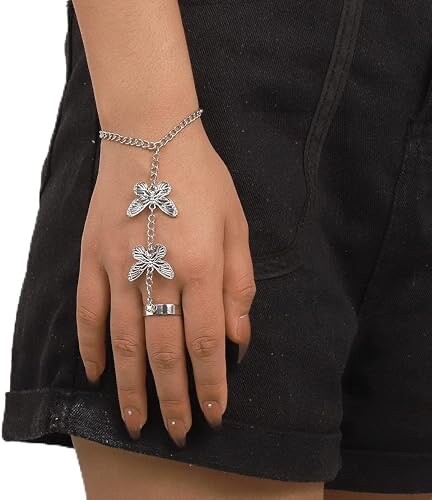 Bracciale catena mano boho farfalla anello dito braccialetto catena schiava imbracatura a mano - Foto 1 di 2