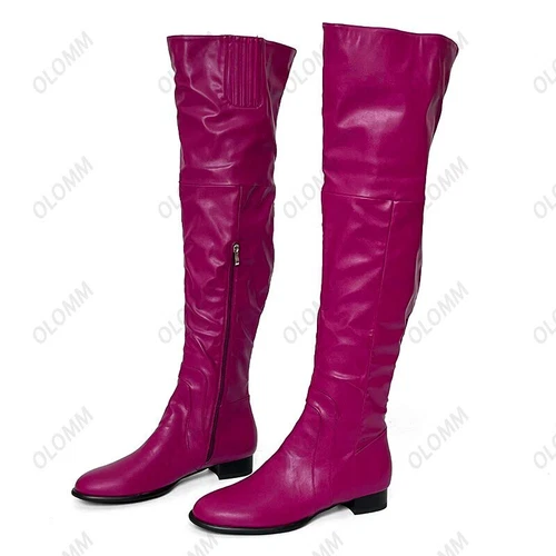 Women Party Over The Knee Boots Faux Leather Chunky Heels Round Toe Wine Red - Picture 9 of 15