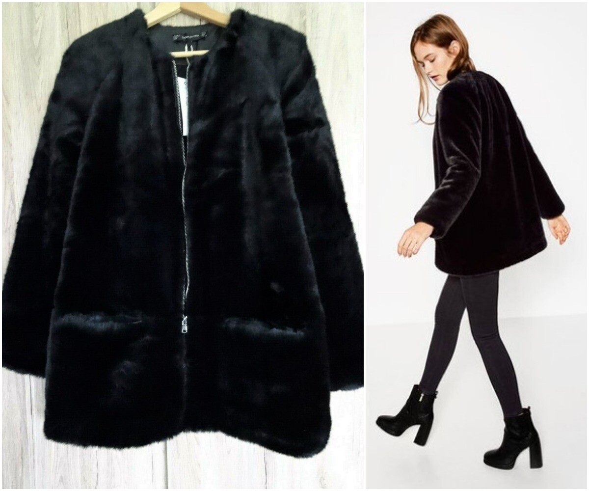 ALTRA GIACCA GIROCOLLO ZARA NERA MORBIDA PELLICCIA SINTETICA TAGLIA L