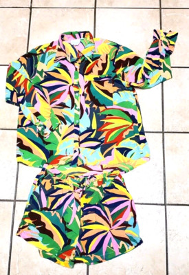 True Destinations Rayon Long Sleeve Short Set Resort Wear Women Smal 2 Piece