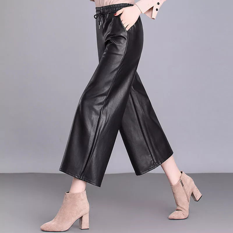 Women Casual Wide Leg Trousers PU Faux Leather Ankle Pants Elastic