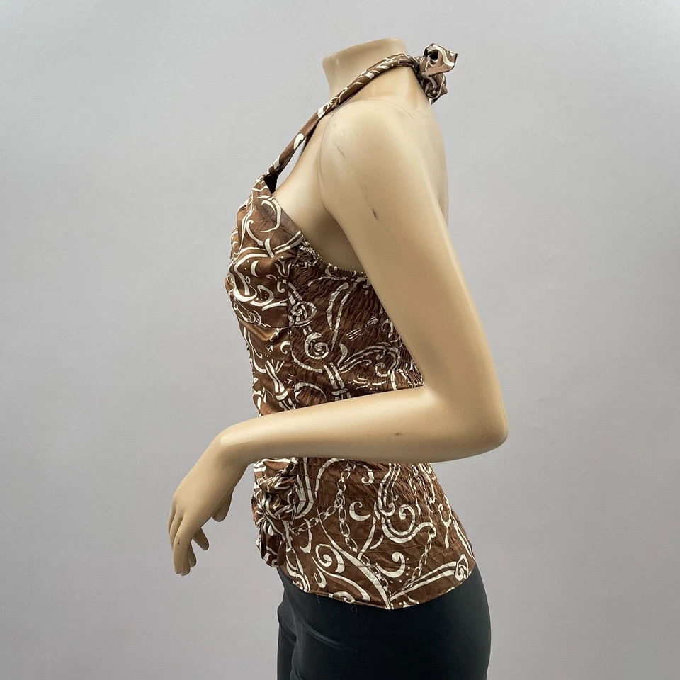 INC De Colección Años 90 Top Mujer 6 Marrón Estampado Paisley 100% Seda Halter Acanalado Botón Y2K Foto 3 de 4