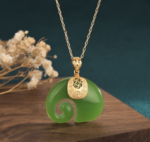 Authentic Jade Elephant Pendant Necklace Charm 18K Gold Plated Chain Retro Dainty Gemstone