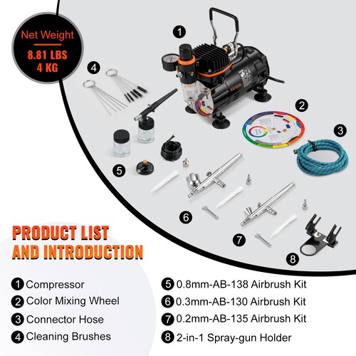 VEVOR Kit Compressore a Doppia Azione 18-23 L/min con 3 Aerografi 0,2/0,3/0,8 mm - Bild 6 von 11