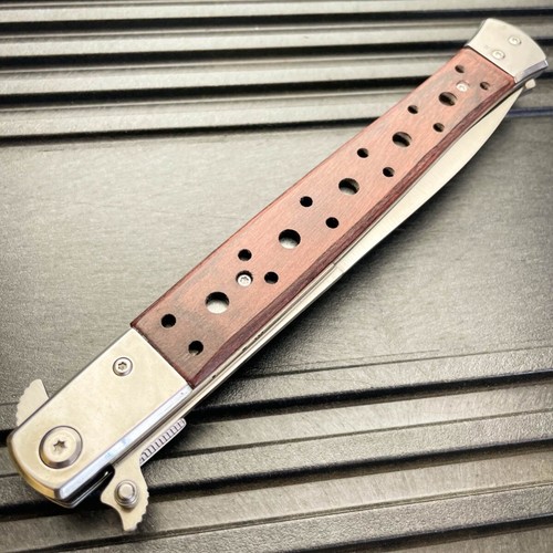13" Classic HUGE Large Brown Wood Spring Assisted Open STILETTO Pocket Knife - Picture 3 of 4