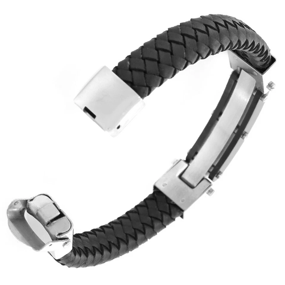 Mens Stainless Steel and Black Leather Bracelet With CZ Stone - Изображение 2 из 3