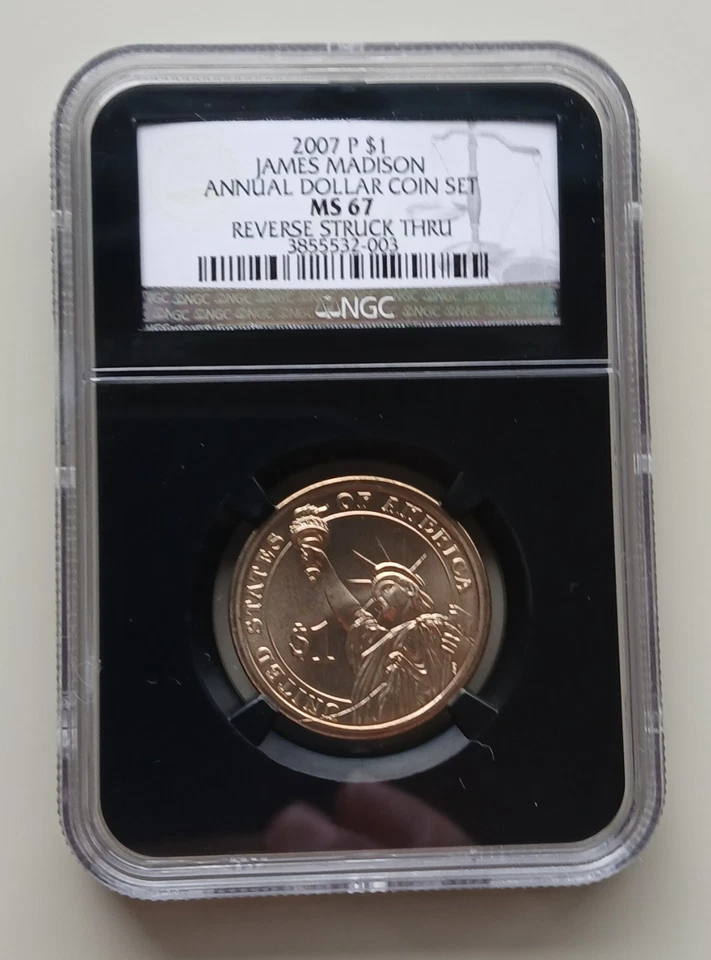 NICE 2007 James Madison Dollar Error Rev Struck Thru NGC MS67 - Image 3 of 4