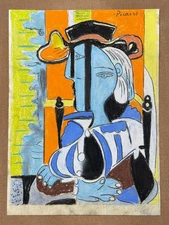 Pablo Picasso (Handmade) Mixed Media Paper Drawing Signed and Stamped