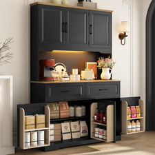 71" Tall 47" Wide Large Pantry Storage Cabinet W/Power Outlet,Led Light,Black