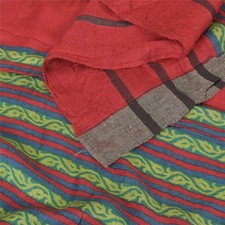 Sanskriti Vintage Red Dupatta Long Stole Pure Cotton Stripes Printed Woven Veil