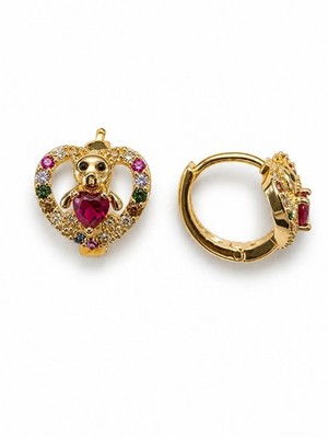  Aretes Huggie Corazón con Osito y Zirconias Multicolor Gold Filled 14K  