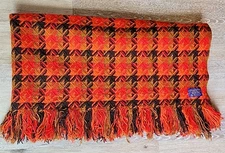 Vintage Pendelton Stadium Blanket Fringed Wool 58 x 58 Houndstooth Orange/Black