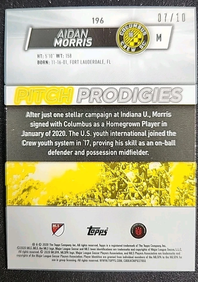Aidan Morris 2020 Topps MLS Pitch Prodigies Red #196 Rookie Columbus Crew #07/10 - Image 2 of 2