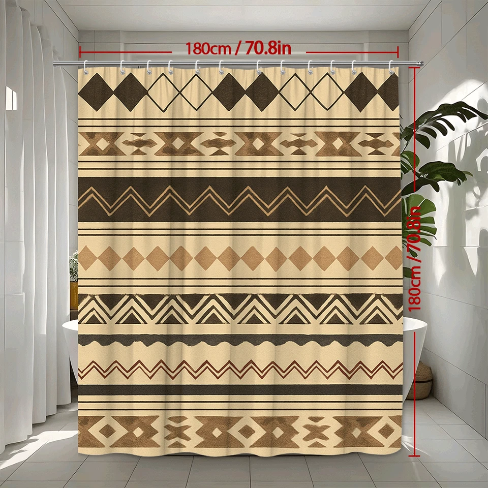 Cortina de Ducha Patrón Tribal - Diseño Boho Granja en Marrón y Crema Foto 3 de 4