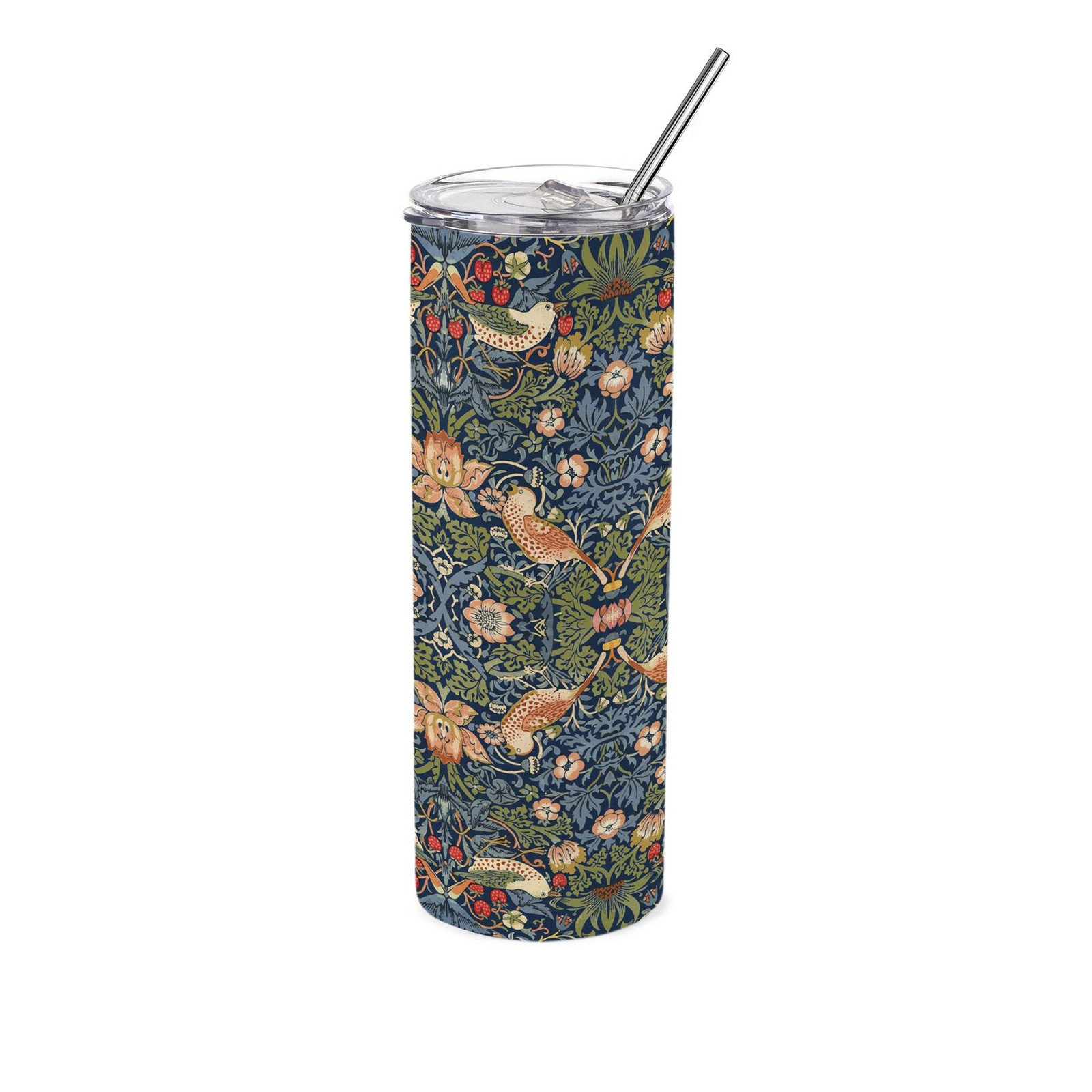 B&Q -  Blue Strawberry Thief Travel FlaskWilliam Morris Artwork GiftsReusable Stainless Steel Hot/cold Drinks Cup With Straw 600Ml - Image 2