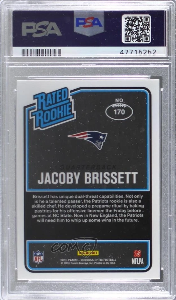 2016 Donruss Optic Rated Rookie Jacoby Brissett #170 PSA 10 GEM MT Rookie RC - Image 2 of 2