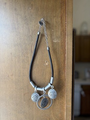 Alice Seely Silver Tone Abstract Pendant Turkish Necklace Black Cord