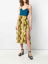 RIXO Festive Gold Black White Georgia Chain Printed Pleat Slit Leg Skirt NWT XXS
