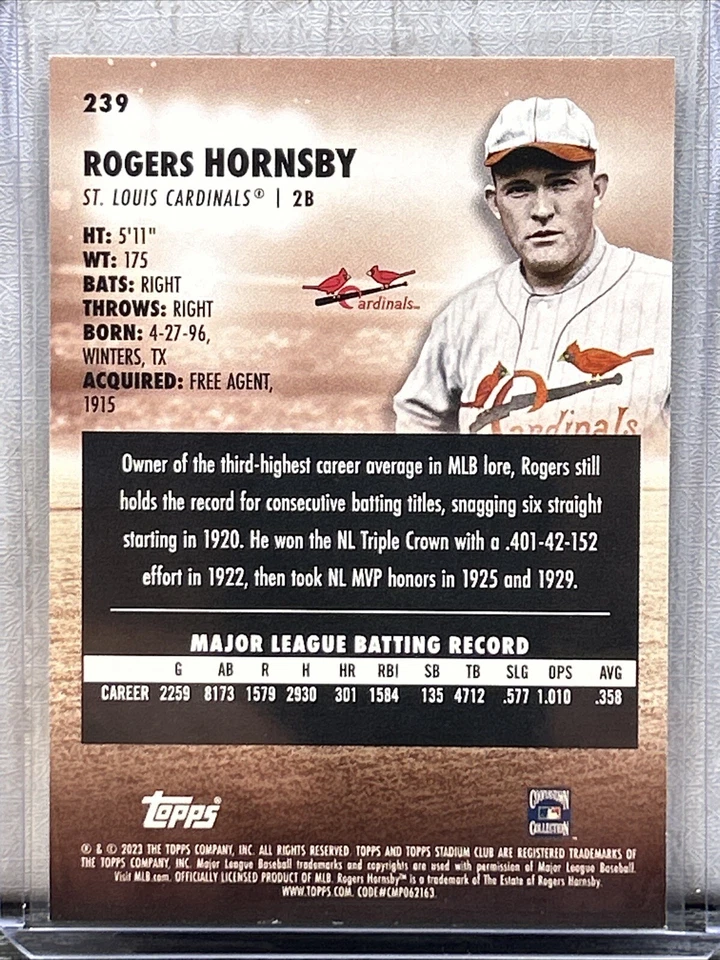 Rogers Hornsby 2023 Topps Stadium Club Photographer's Proof #239 Cardinals - Image 2 of 2
