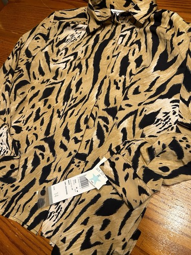 Alfred Dunner Brown Animal Print Long Sleeve Cuff Button Up Blouse Shirt Size 14 - Picture 2 of 7