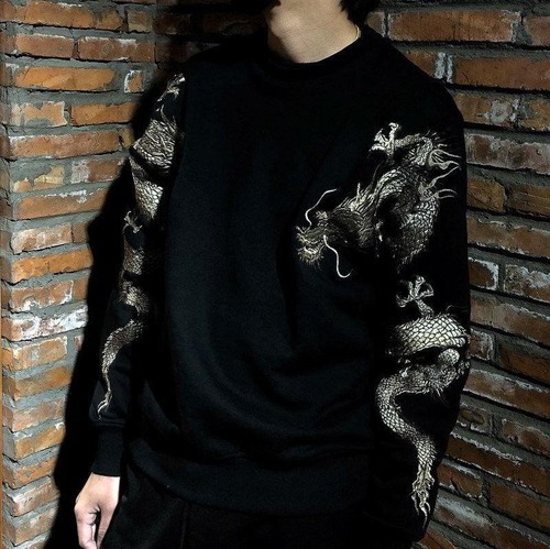 Japanse Dragon Geborduurde Sweater Tattoo Terry Heren Sweatshirt Sukajan Casual pLVSUGqzM