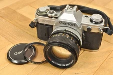 Canon AE-1 SLR Film Camera Silver + FD 50mm f/1.4 S.S.C. Lens from Japan, as-is