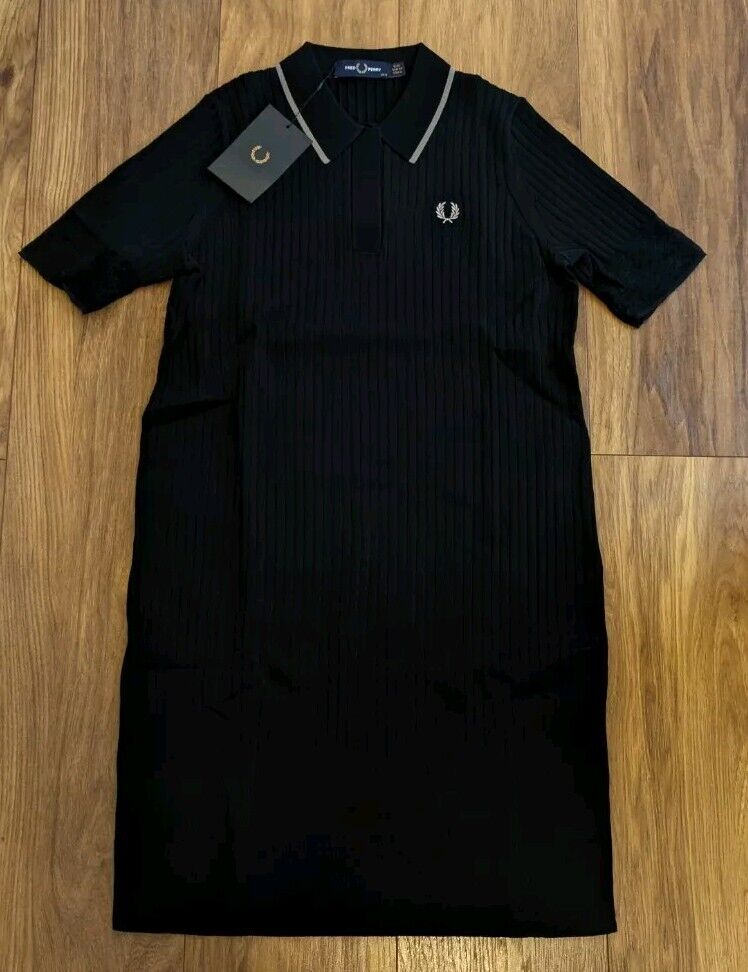 Womens Fred Perry Sheer Trim Knitted Shirt Dress UK Size 6 Womens Fred Perry Sheer Trim Knitted Shirt Dress UK Size 6