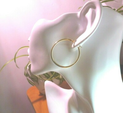 10Kt Pure Yellow Gold 2MM X 40MM Hoop Earrings snap close - FREE SHIP
