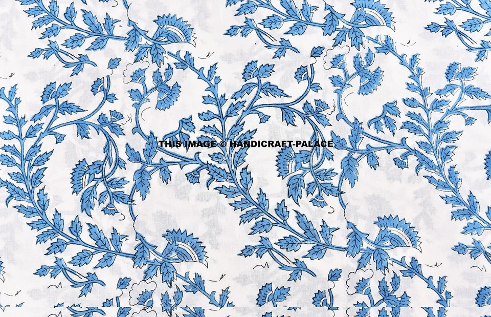 5 Yard Hand Block Blue Leaf Print Cotton Indian Natural Sanganeri Print Fabric - Image 3 of 3