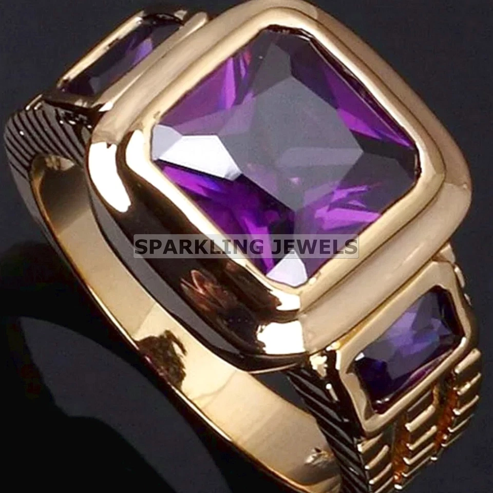 Anillo de Amatista Vívida con Corte de Cojín Plateado 925 Chapado en Oro para Hombres #C32 Foto 3 de 4
