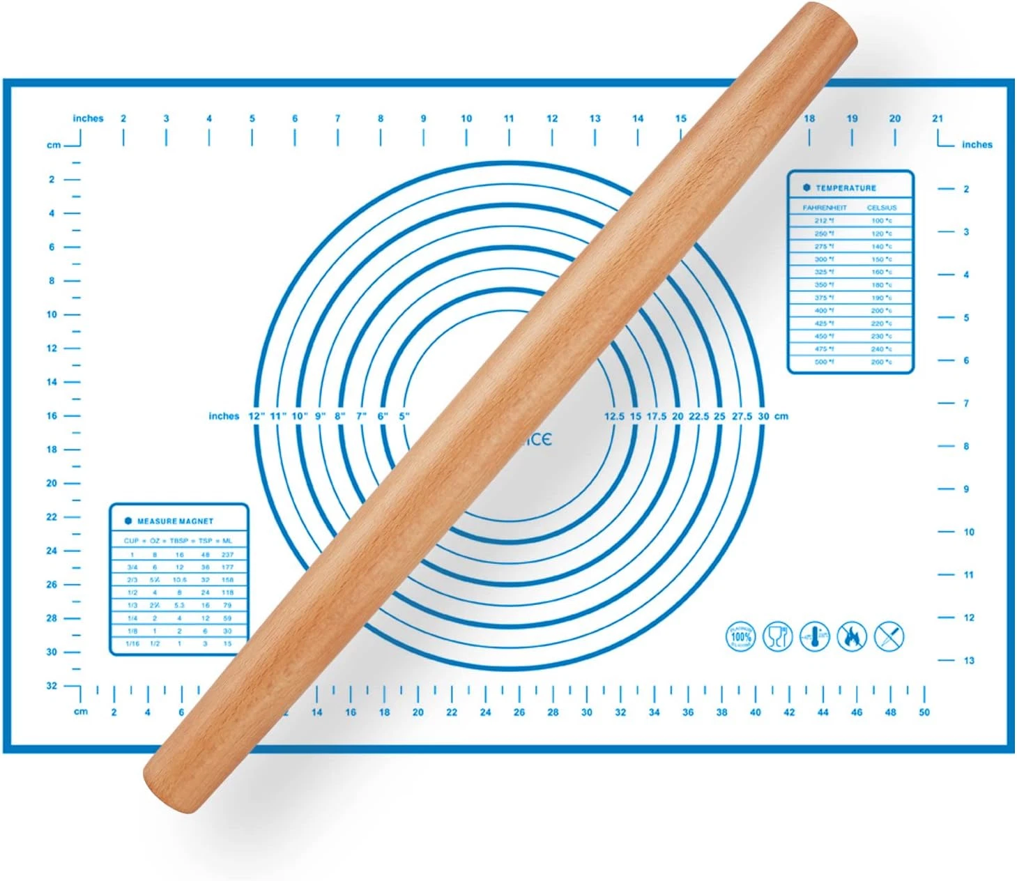 Wood French Rolling Pin for Baking, Wooden Dough Roller with Silicone Baking Ma