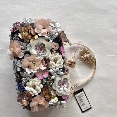 Bebe Beaded Embellished Clutch Bag Black & Multicolor Floral Design E22-4628
