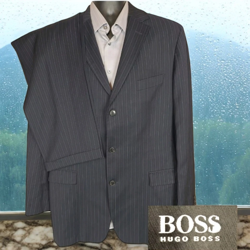 Hugo Boss 2 Piece Suit Mens 44L 38X32 Black Stripe 3 Button Double Vented - Image 2 of 4