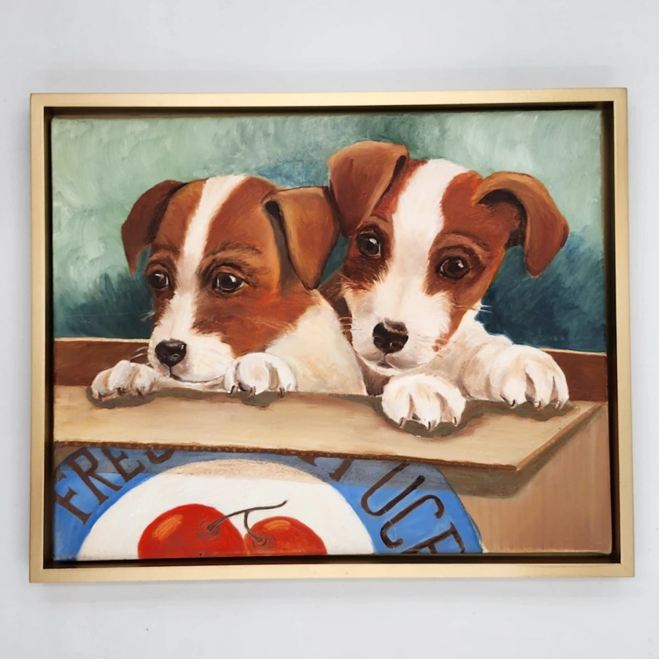 Pintura al óleo original Jack Russell Terrier cachorros enmarcado arte de perro lindo realismo Foto 2 de 4