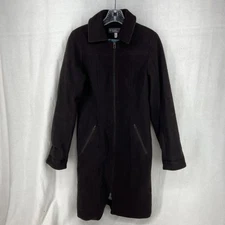 IBEX Long Coat Merino Full Zip Silk Lined Womens Small Brown Made USA Collared