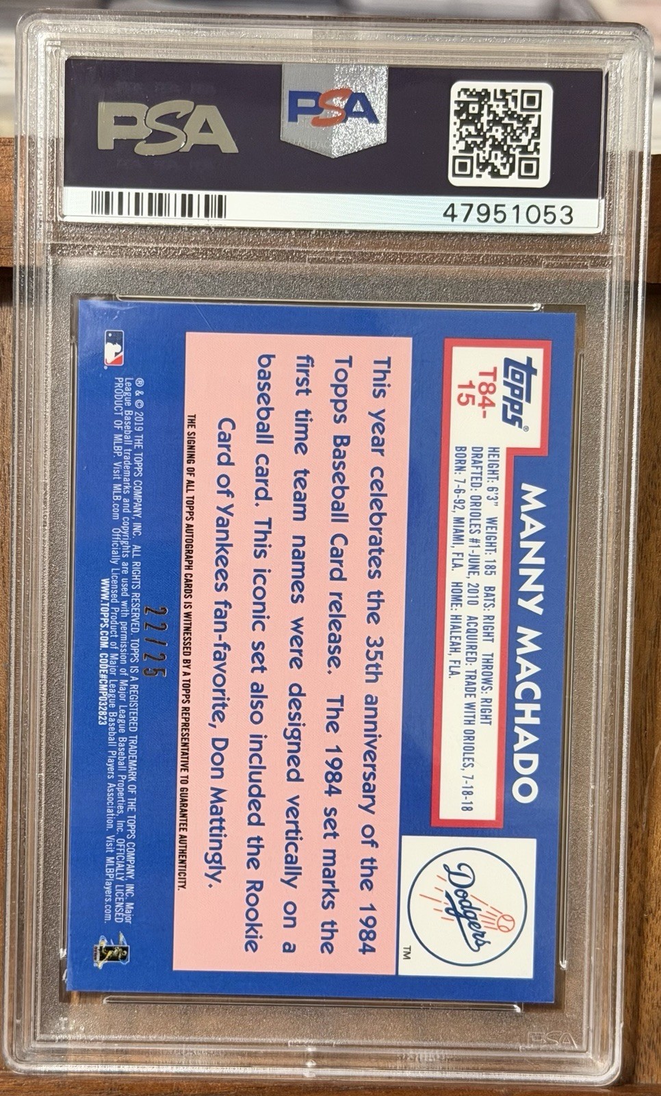 2019 Topps Manny Machado 1984 Baseball Chrome /25 Auto Orange Refractor PSA10 view 2