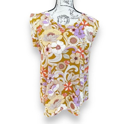 New Pleione Short Sleeve Pleated Back 70s Retro Vibe Floral Blouse Small NWT