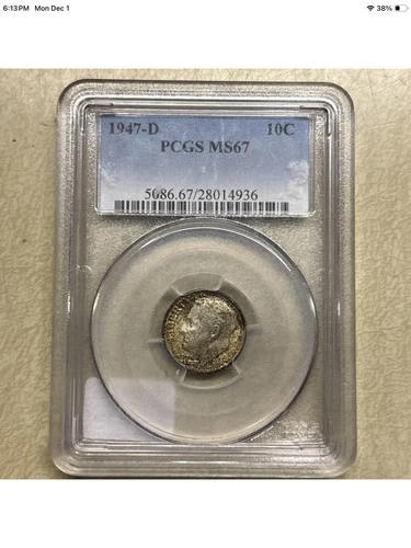 1947-D Roosevelt Silver Dime MS67 PCGS 90 % Silver