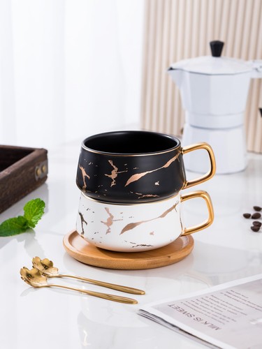 Paquete de 2 tazas de café Jusalpha doradas con estampado a mano en blanco y negro con bambú... - Imagen 9 de 9