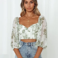 HELLO MOLLY Pretty Polly Green White Floral Tie Back Crop Top with Sleeves XS