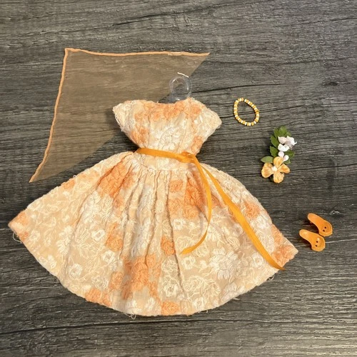 Vintage Barbie Size 1960s Outfit Set- Orange Embroidered Day Dress & Accessories