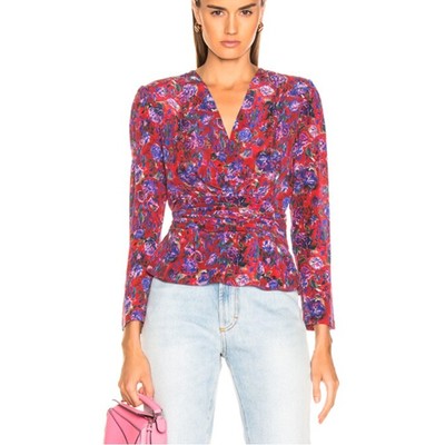 IRO Structured Shoulder V-Neck Hurl Floral Silk Blouse size FR 32 (US XXS)