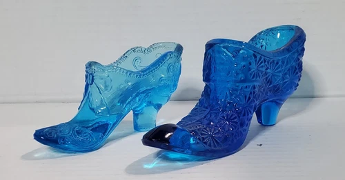 Fenton Style Lot Of 2 blue Art Glass slipper shoe Vintage Granny Core Decor