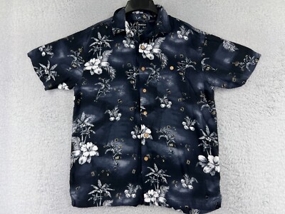 North Crest Shirt Adult Large Black Gray Floral Hawaiian Coconut 100% Rayon