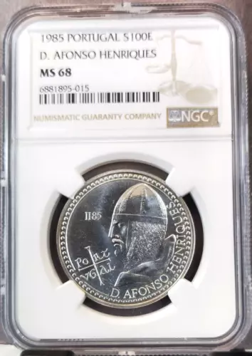 1985 PORTUGAL SILVER 100 ESCUDOS AFONSO HENRIQUES NGC MS 68 TOP POP